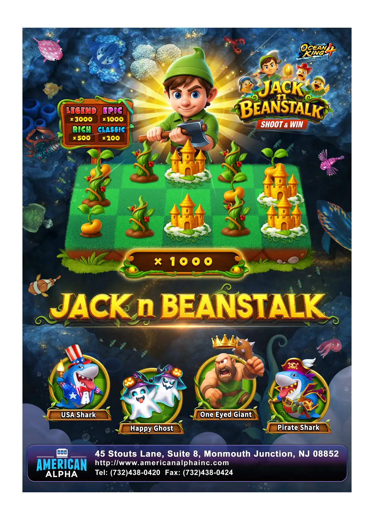 Jack n Beanstalk promotional brochure with the bonus board, boss lineup, and American Alpha branding.